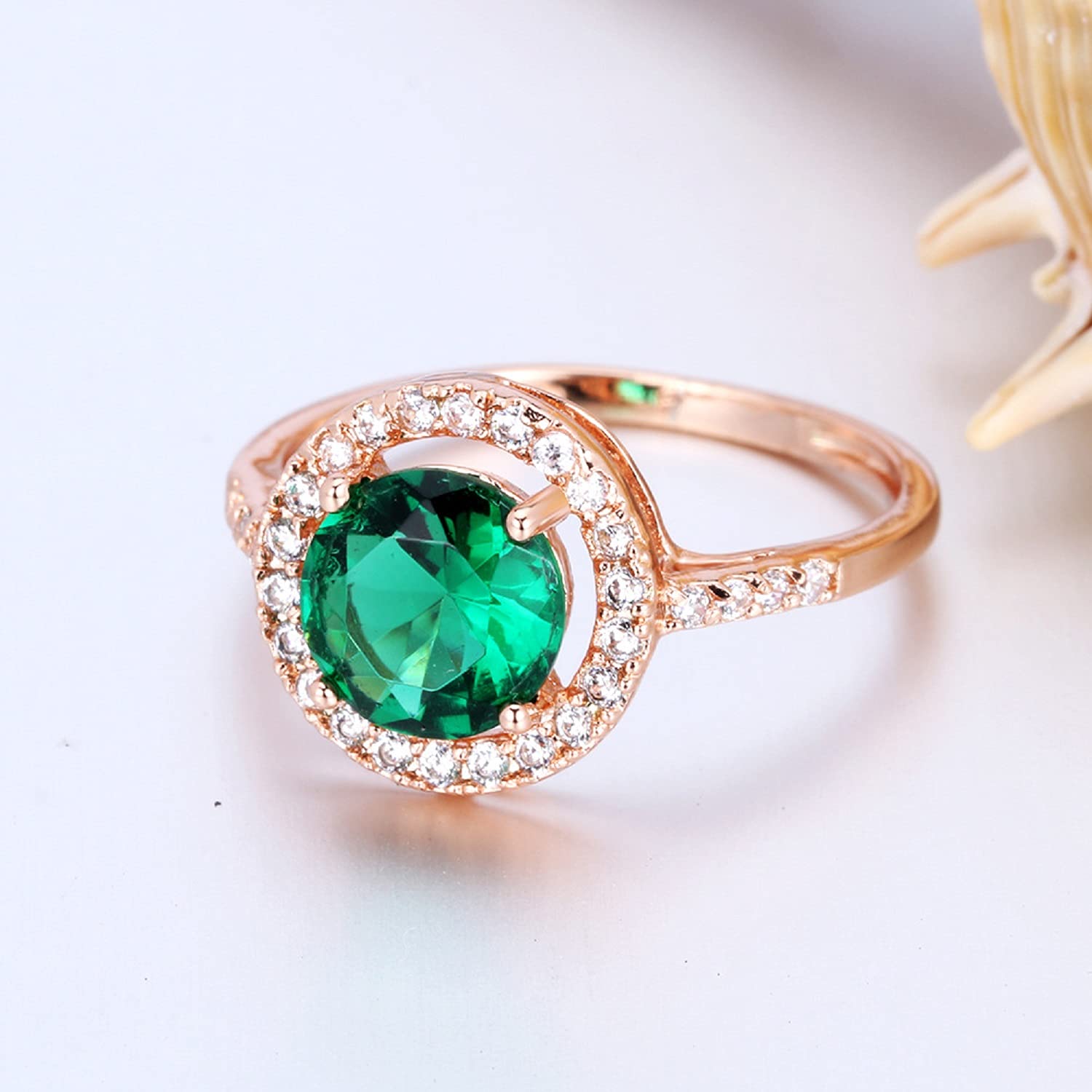 XINQI 14K Rose Yellow Gold Natural Emerald Rings Engagement Wedding CZ Band for Women (6)