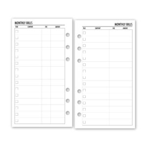 Personal Bill Tracker Planner Insert Refill, 3.74 x 6.73 inches, Pre-Punched for 6-Rings to Fit Filofax, LV MM, Kikki K and Other Binders, 30 Sheets Per Pack