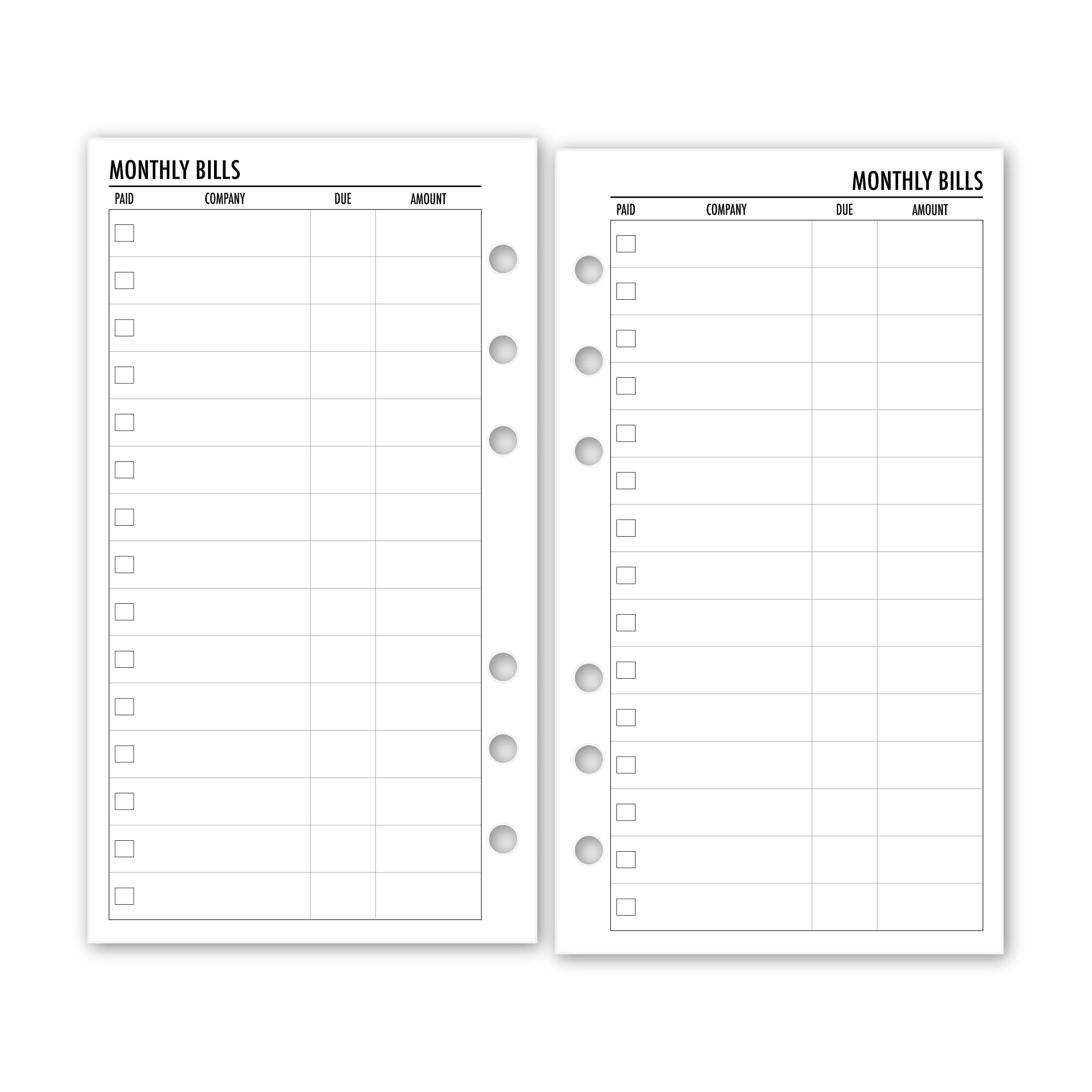 Personal Bill Tracker Planner Insert Refill, 3.74 x 6.73 inches, Pre-Punched for 6-Rings to Fit Filofax, LV MM, Kikki K and Other Binders, 30 Sheets Per Pack