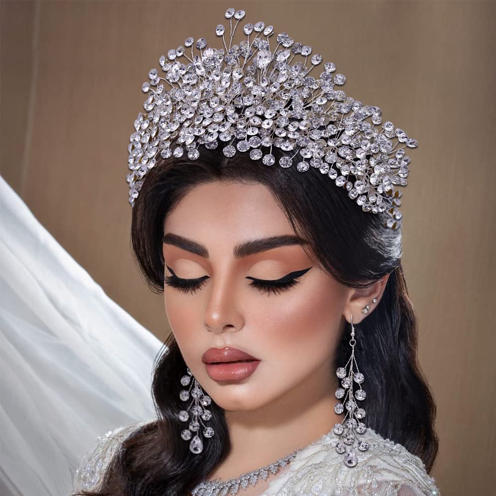 ULAPAN HP376 Silver Rhinestone Wedding Headpiece for Women Handmade Bridal Headband Hair Accessories (Headwear + earrings set)