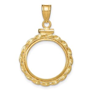 Roy Rose Jewelry Gold Coin Bezel Mounting | 1/10 oz. American Eagle Coin | 16.5mm Coins | Screw Top | Twisted Ribbon, Beaded, Rope Border Fancy Bezel Frames | Solid 14K Gold