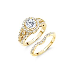 gem stone king 18k yellow gold plated silver moissanite women wedding engagement ring band bridal set (1.74 cttw, center 6.5mm, available in size 5, 6, 7, 8, 9)