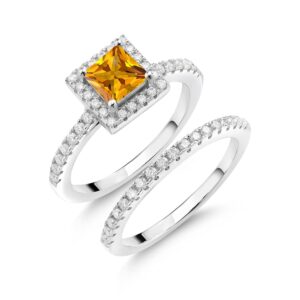 Gem Stone King 925 Sterling Silver Princess Yellow Citrine and Moissanite Wedding Engagement Ring Band Bridal Set For Women (1.16 Cttw, Gemstone Birthstone, Available in size 5, 6, 7, 8, 9)