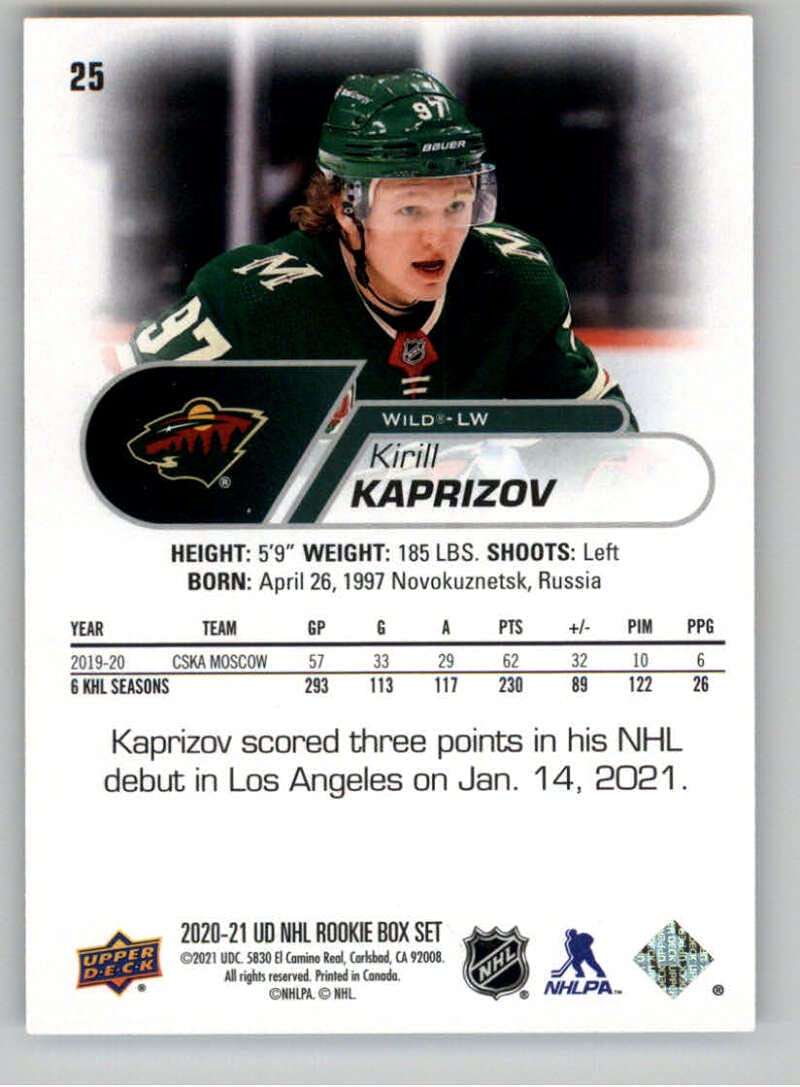 2020-21 Upper Deck NHL Star Rookies #25 Kirill Kaprizov Minnesota Wild Hockey Card (RC - Rookie Card) NM-MT