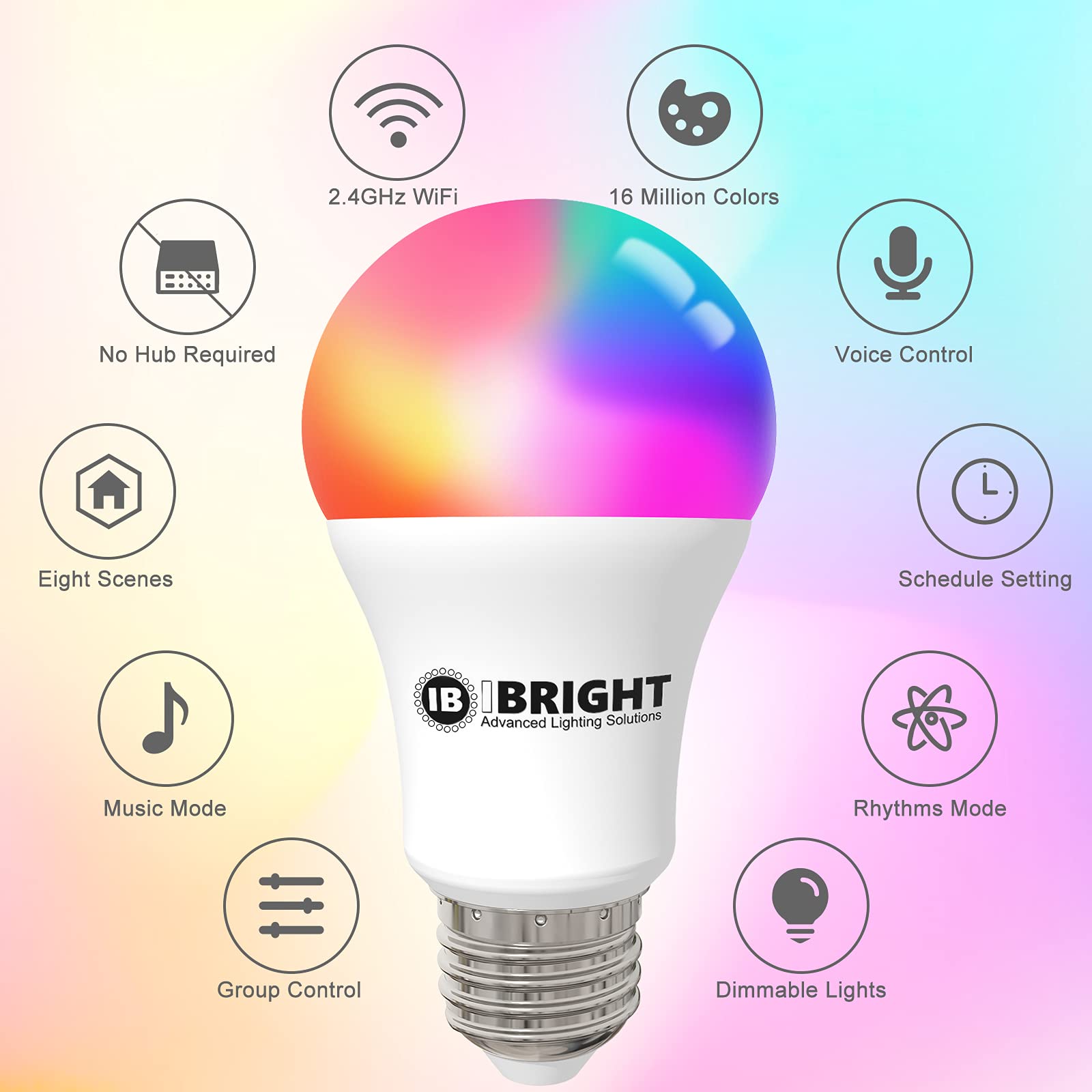 IBRIGHT Smart Light Bulbs A19 E26, 9.5W, 800 LM, 16 Million Colors Changing, Music Mode & DIY Scene Setting, Wi-Fi Smart Bulb Works with Alexa & Google Home, 80% Energy Saving, No Hub Required, 4 Pack