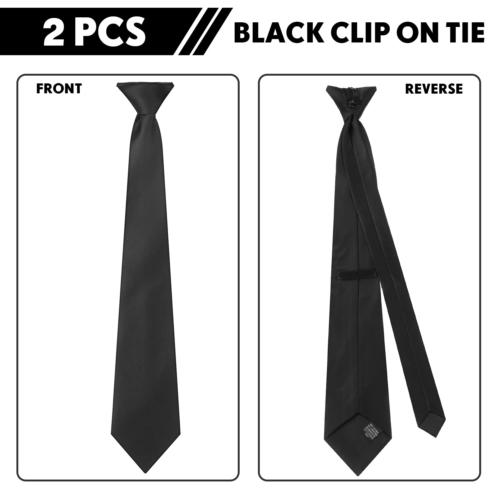 2 Pieces Men's Clip on Ties 20 Inches Solid Color Clip on Ties Pre Tied Neckties for Office School Uniforms (Black)