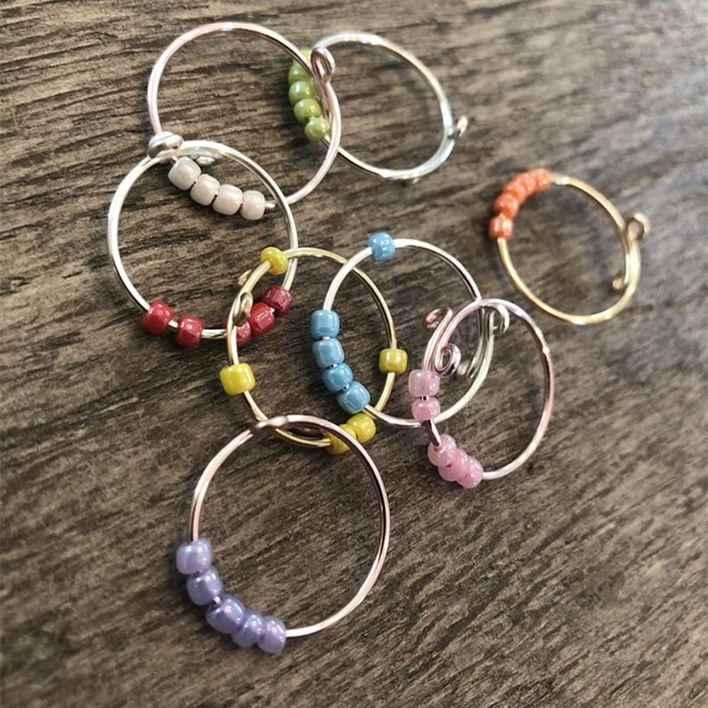 Set of 8 Boho Spinner Fidget Colorful Resin Beads Band Ring for Anxiety for Women Thin Coil Rotate Freely Inspirations Stress Relief Anti Pressure Jewelry Stacking Loop Expandable Adjustable Best Friends Dainty Birthday (Silver)