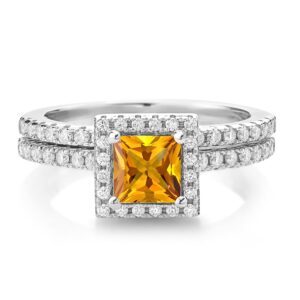 Gem Stone King 925 Sterling Silver Princess Yellow Citrine and Moissanite Wedding Engagement Ring Band Bridal Set For Women (1.16 Cttw, Gemstone Birthstone, Available in size 5, 6, 7, 8, 9)