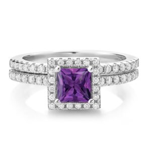 Gem Stone King 925 Sterling Silver Purple Amethyst and Moissanite Women Wedding Engagement Ring Band Bridal Set (1.21 Cttw, Princess Cut 5MM, Available in size 5, 6, 7, 8, 9)