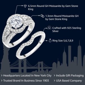 Gem Stone King 925 Sterling Silver Moissanite Women Wedding Engagement Ring Band Bridal Set (1.74 Cttw, Center 6.5MM, Available in size 5, 6, 7, 8, 9)