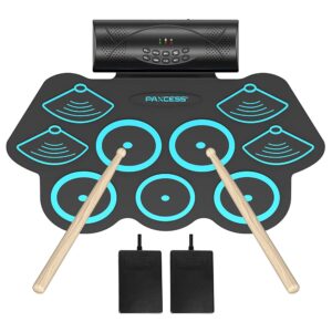 paxcess 9 pad portable electronic drum set with headphone jack, built-in speakers, drum stick, foot pedals, rechargeable battery, and charger