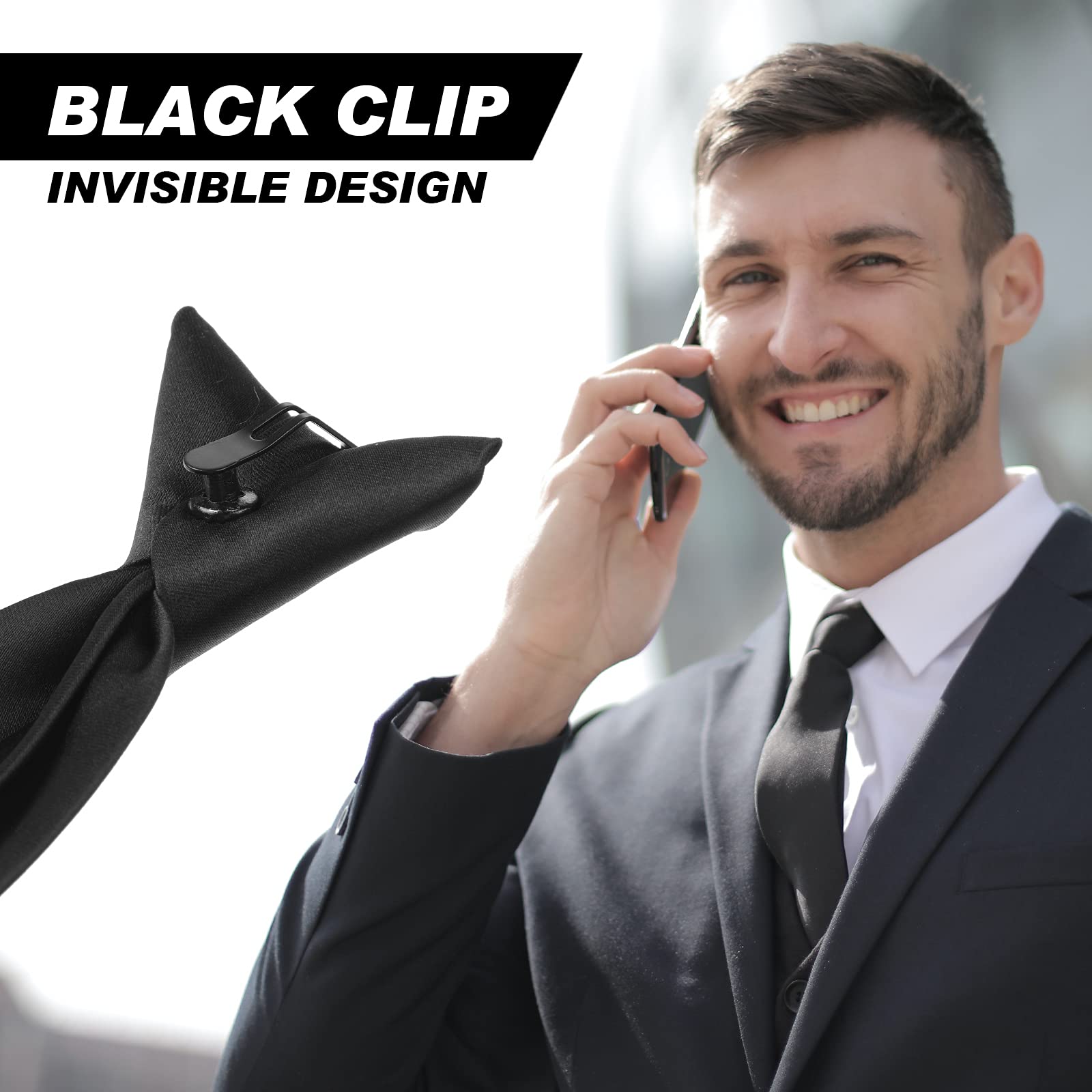 2 Pieces Men's Clip on Ties 20 Inches Solid Color Clip on Ties Pre Tied Neckties for Office School Uniforms (Black)