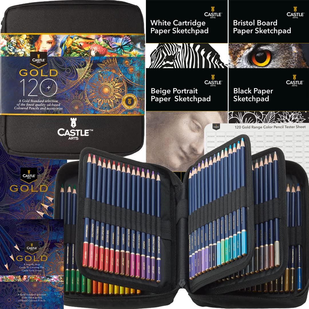 Castle Art Supplies Gold Standard 120 Coloring Pencils Set with Extras, Oil-based Colored Cores Stay Sharper, Tougher Against Breakage, For Adult Artists, Colorists, In Zipper Case