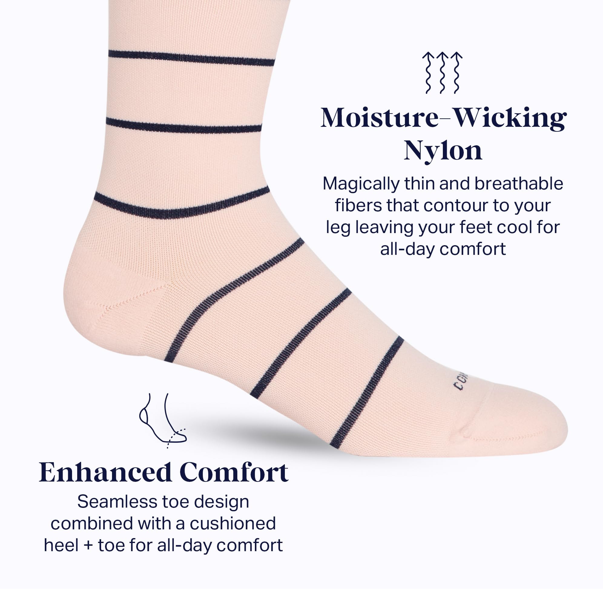 Comrad Nylon Knee High Socks - 15-20mmHg Graduated Compression Socks, (Wide Calf Medium, Rose/Navy) - Soft & Breathable Support Socks for Men, Pregnant Women, Nurses, Home, Work, & Travel