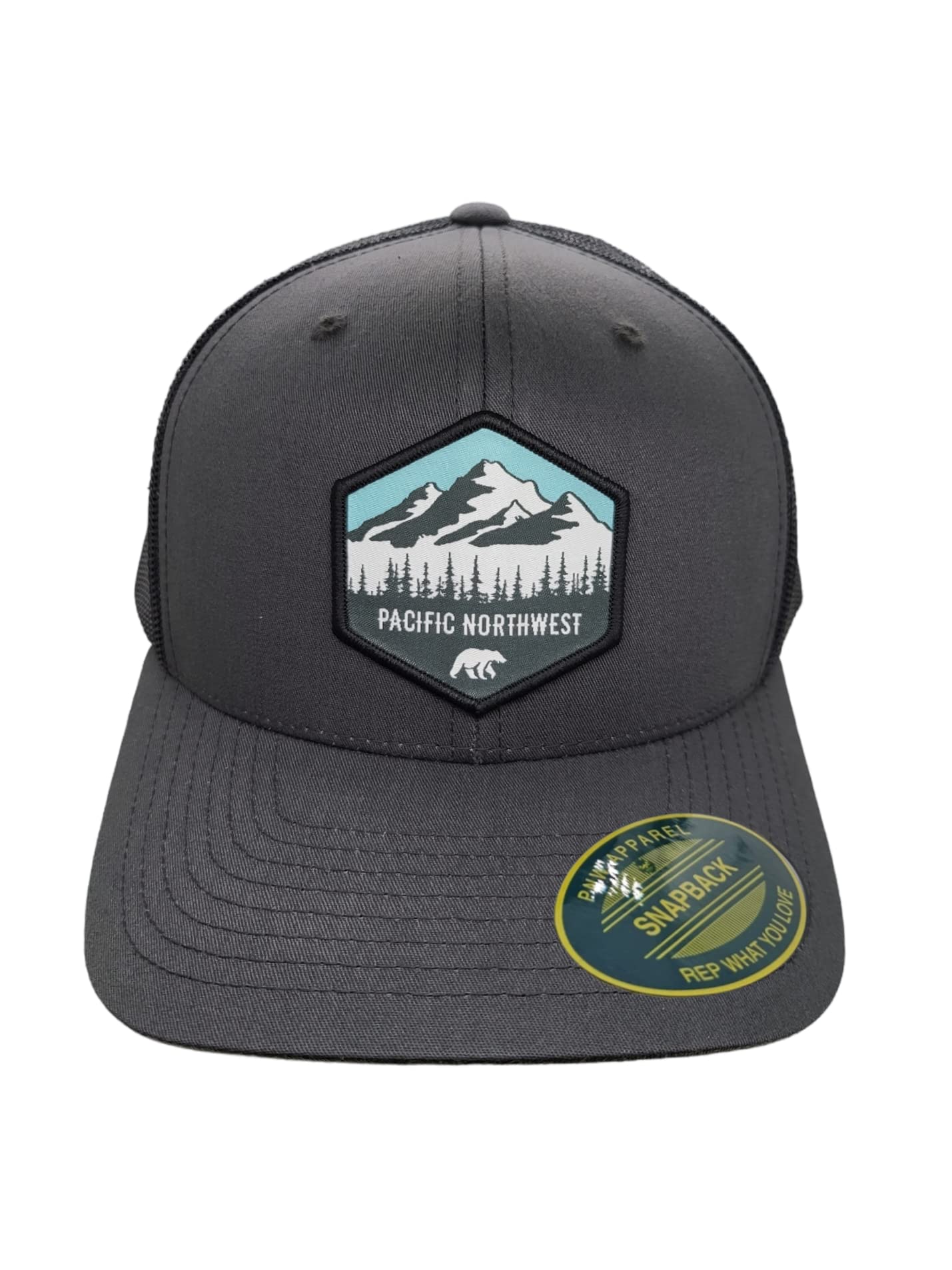 Pacific Northwest Trucker Hat w/mesh Backing and Pacific Northwest Woven Patch (Grey/Black)