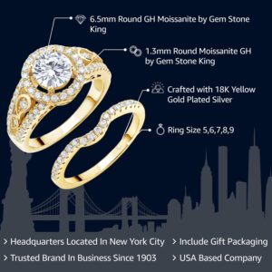 Gem Stone King 18K Yellow Gold Plated Silver Moissanite Women Wedding Engagement Ring Band Bridal Set (1.74 Cttw, Center 6.5MM, Available In Size 5, 6, 7, 8, 9)