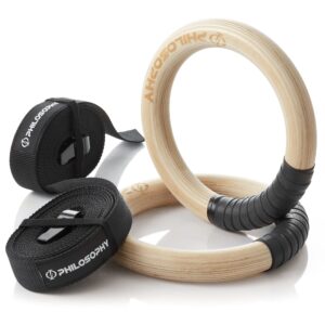 philosophy gym wood gymnastic rings 1.25" grip - exercise ring set with adjustable straps, grip tape for pull ups, dips, muscle ups