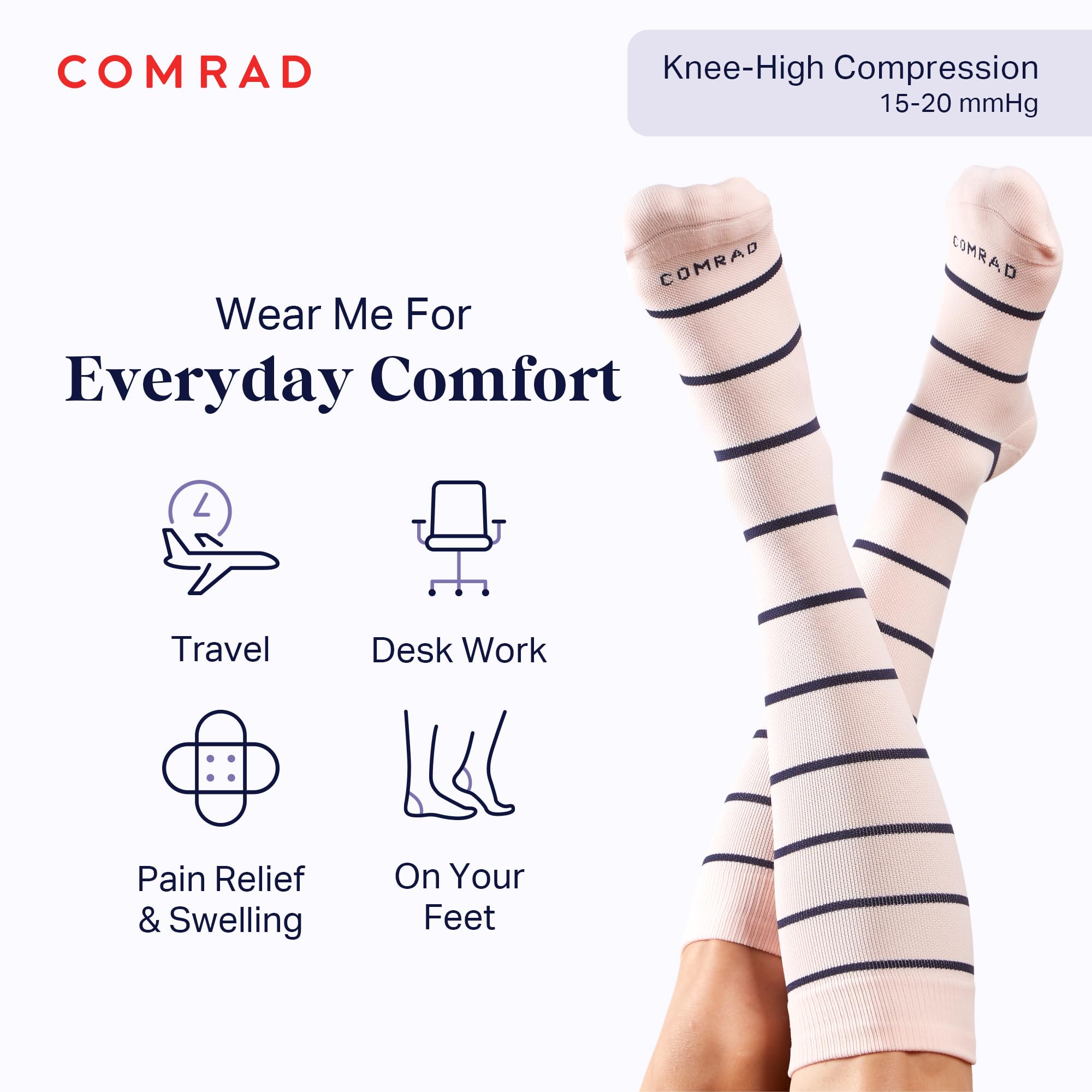 Comrad Nylon Knee High Socks - 15-20mmHg Graduated Compression Socks, (Wide Calf Medium, Rose/Navy) - Soft & Breathable Support Socks for Men, Pregnant Women, Nurses, Home, Work, & Travel