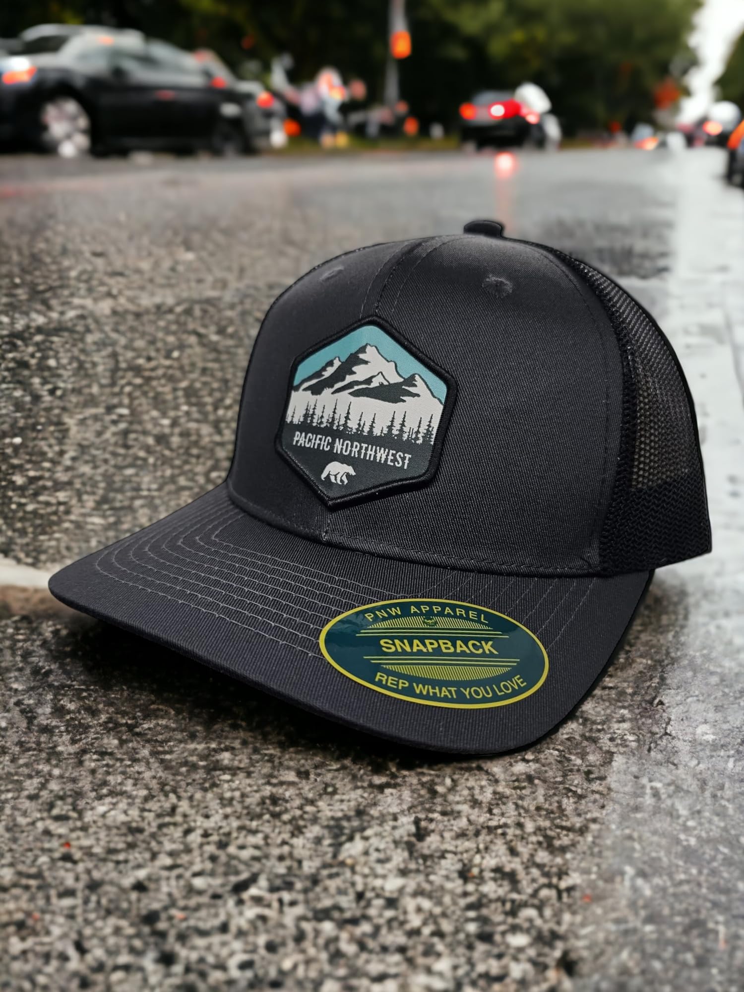 Pacific Northwest Trucker Hat w/mesh Backing and Pacific Northwest Woven Patch (Grey/Black)