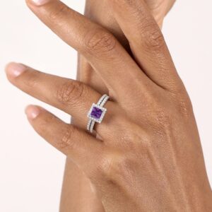 Gem Stone King 925 Sterling Silver Purple Amethyst and Moissanite Women Wedding Engagement Ring Band Bridal Set (1.21 Cttw, Princess Cut 5MM, Available in size 5, 6, 7, 8, 9)