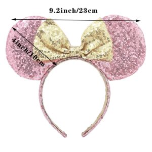 RCRAJE Mouse Ears Bow Headbands, Mice Sequin Ears Headbands for Kids Girls Women, Glitter Party Princess Decoration Cosplay Birthday Christmas Party (pink)