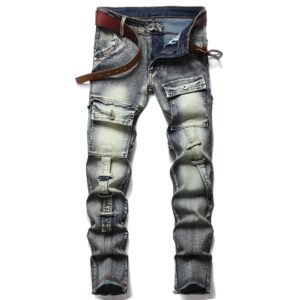 ximximmtian men's biker moto washed distressed slim fit straight jeans denim (34, 2126 blue)