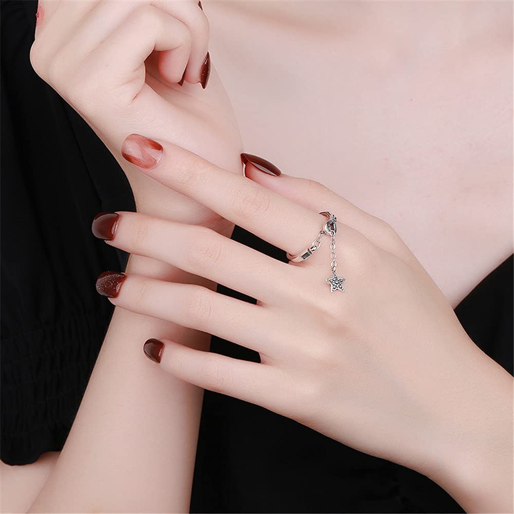 NewZenro Vintage Star Chain Tassel Asymmetric Tiny Open Rings Dainty 925 Sterling Silver Adjustable Small Thin Statement Finger Rings Minimalist Charm Dangle Expandable Knuckle Rings for Women Bff