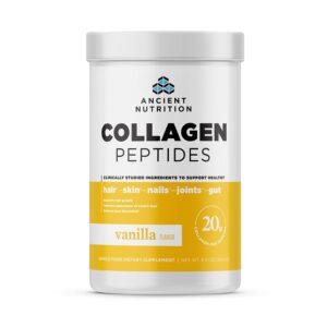 ancient nutrition collagen peptides, collagen peptides powder, vanilla hydrolyzed collagen, supports healthy skin, joints, gut, keto and paleo friendly, 12 servings, 20g collagen per serving