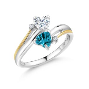 925 Silver and 10K Yellow Gold Moissanite by Charles & Colvard and London Blue Topaz with Lab Grown Diamond Women 2 Heart Engagement Mother Ring (1.07 Cttw, Available in Size 5,6,7,8,9)