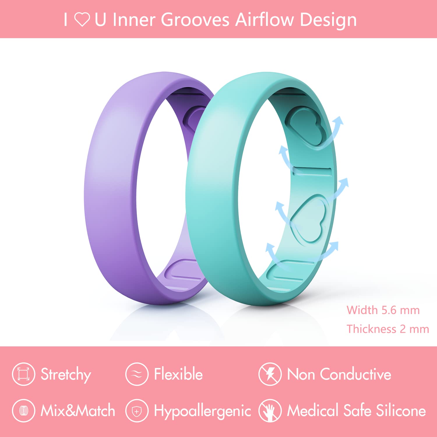 Qinaoco Silicone Rings for Women - Heart [I Love U] Pattern Airflow Inner Grooves Breathable Rubber Wedding Ring Silicone Wedding Bands for Women - 8 Rings / 4 Rings