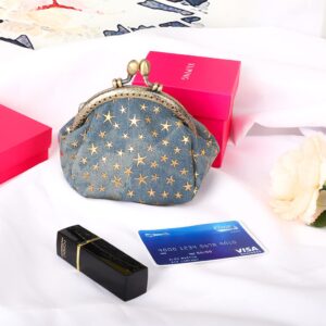 Oyachic Five Pointed Star Coin Purse Denim Change Pouch Wallets Buckle with Kisslock Clasp Coin Holder Clutch Handbags for Women Ladies,Blue