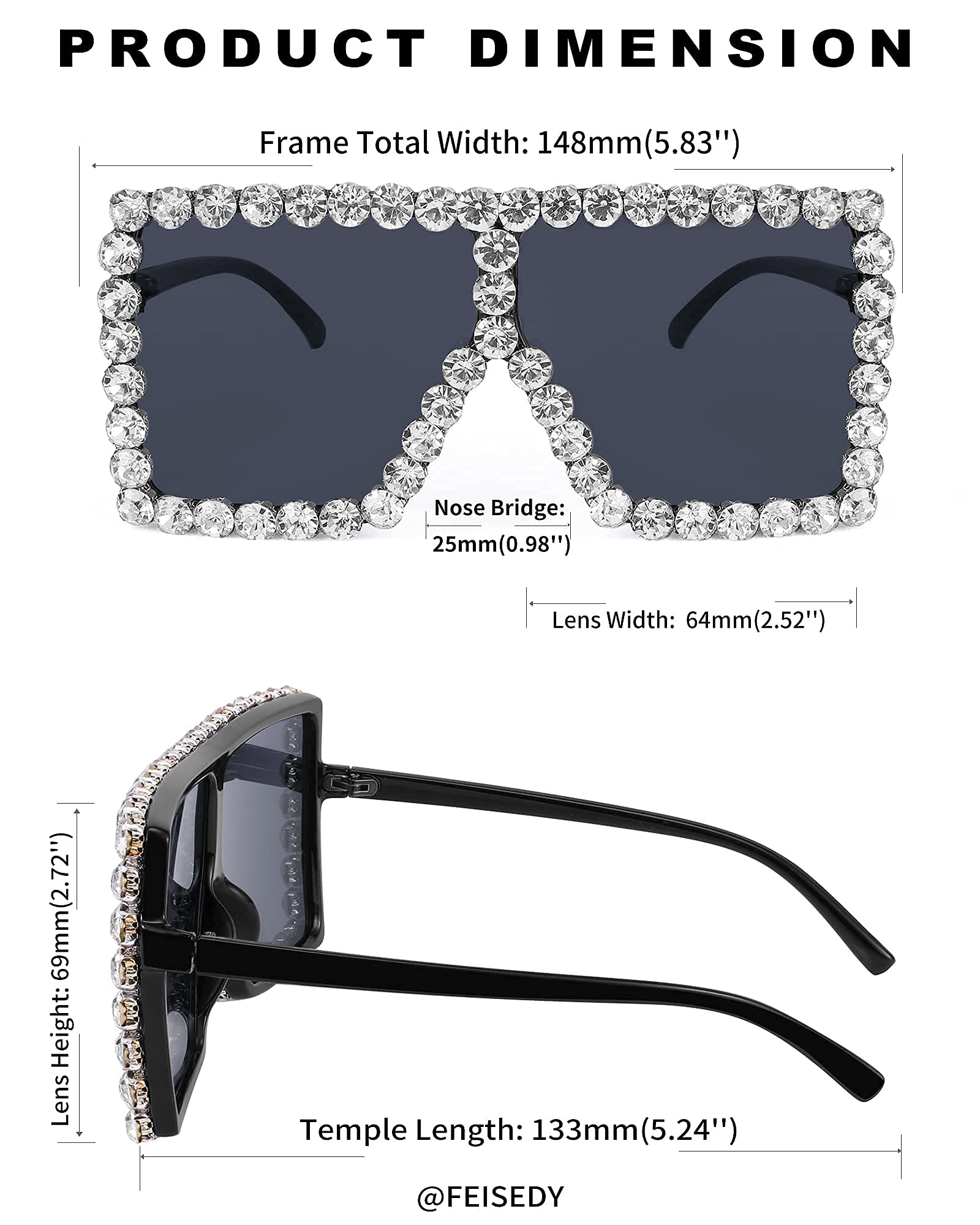 FEISEDY Oversized Sparkling Crystal Sunglasses Disco Diamond Flat Top Fashion Square Large Shades B2782