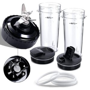 Blender Replacement Parts Compatible with Nutri Ninja, 5 Fins Extractor Blade, 2×16oz Cups with To-Go Lids, 3×Rubber Gasket Accessories for Ninja QB3000/QB3000SSW/QB3004/QB3005/QB3001