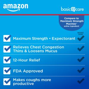 Amazon Basic Care Maximum Strength Chest Congestion and Mucus Relief, Guaifenesin Extended-Release Tablets, 1200 mg, 42 Count