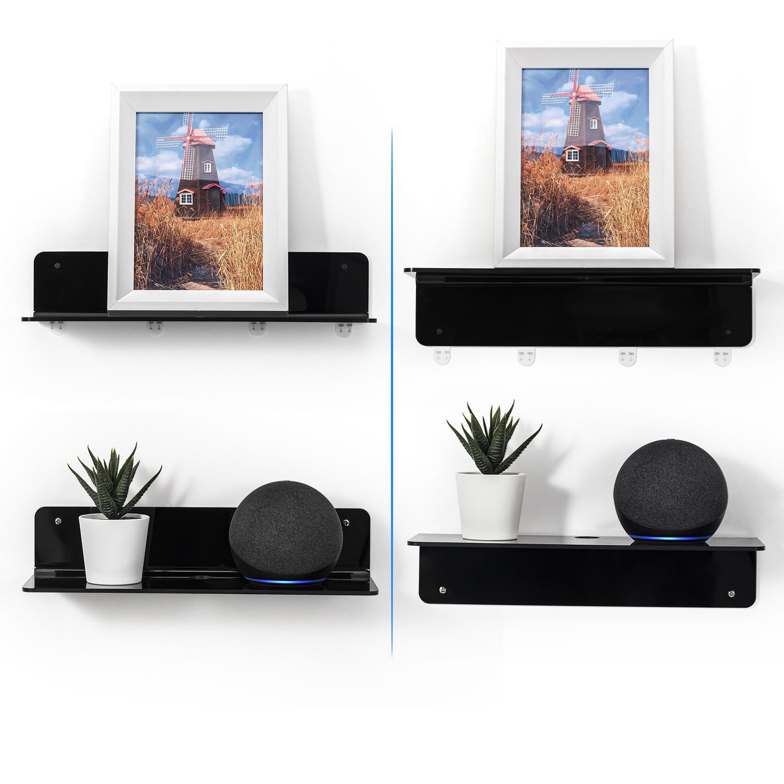 OAPRIRE Black Acrylic Floating Shelves Set of 2 - Damage Free Expand Wall Space - 12 Inch Wall Shelves with Strong Adhesive for Bathroom, Bedroom, etc