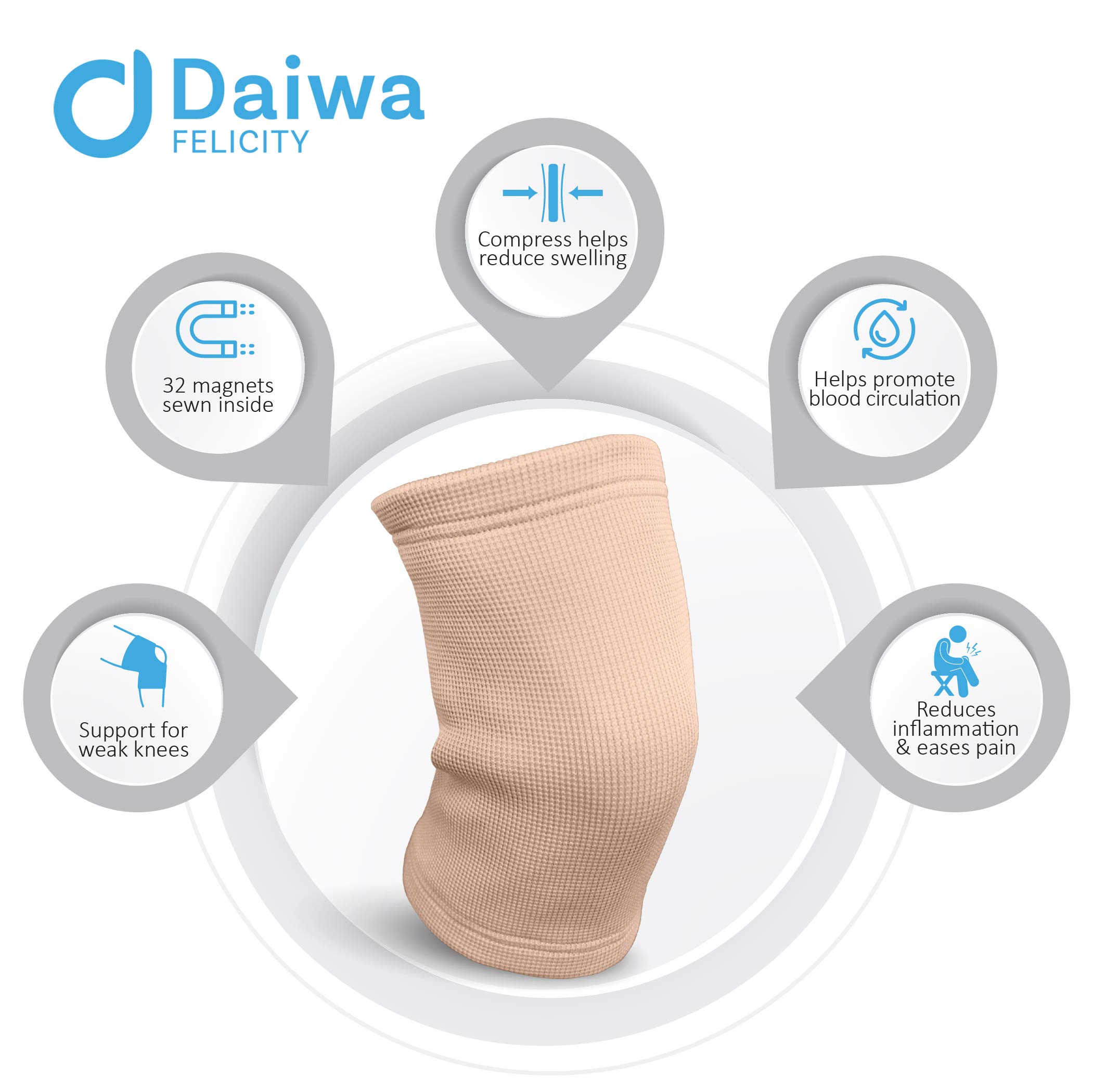 Daiwa Felicity Knee Compression Sleeve for Pain Provides Uniform Support to The Entire Knee – Magnetic Brace for Arthritis, Joint Pain, and Injury Recovery Fits Men and Women, Beige