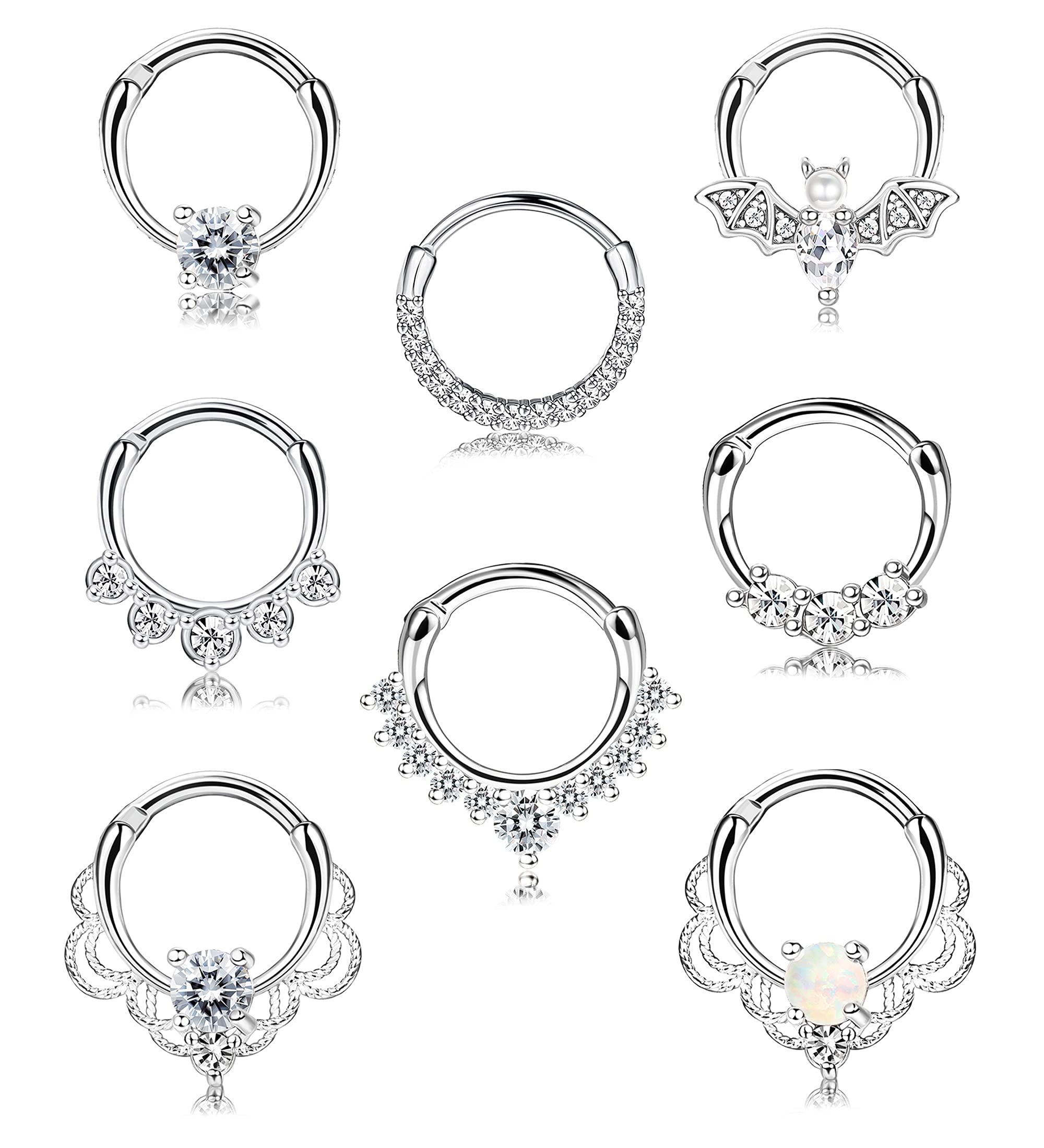 Suprsparkle Septum Clicker Rings 16G Stainless Steel CZ Hinged Segment Rings Cartilage Tragus Hoop Helix Daith Earrings Nose Piercing Jewelry 10MM 8 Pieces Silver