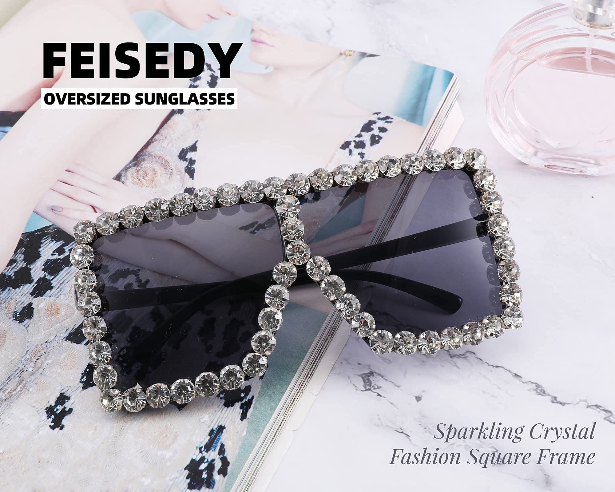 FEISEDY Oversized Sparkling Crystal Sunglasses Disco Diamond Flat Top Fashion Square Large Shades B2782