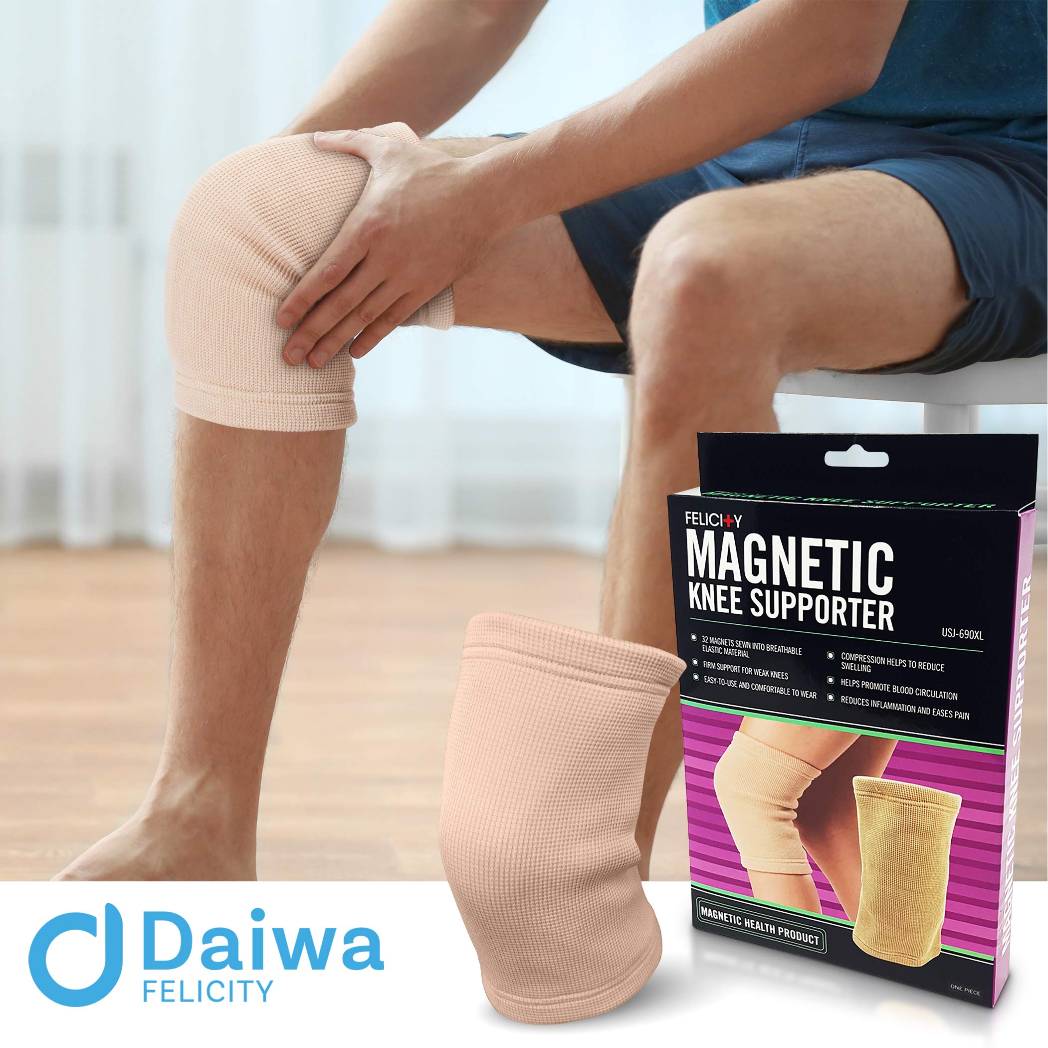 Daiwa Felicity Knee Compression Sleeve for Pain Provides Uniform Support to The Entire Knee – Magnetic Brace for Arthritis, Joint Pain, and Injury Recovery Fits Men and Women, Beige