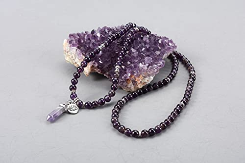 Jovivi 108 Mala Beads Bracelet 8mm Natural Amethyst Healing Crystal Stone Mala Prayer Bead Necklace Hexagonal Prism Gemstone Reiki Pointed Pendant for Yoga Meditation Energy Balancing