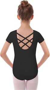 mdnmd leotards for girls kids dance ballet gymnastic outfit short sleeve with cross back detail (black, age 6-7)