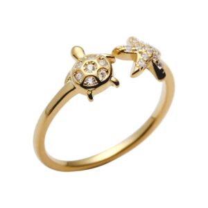 NewZenro CZ Star Cute Turtle Asymmetric Small Open Rings for Women Dainty 925 Sterling Silver Animals Adjustable Statement Knuckle Rings Thin Tiny Finger Pinky Rings for Daughter Bff Birthday (Gold)