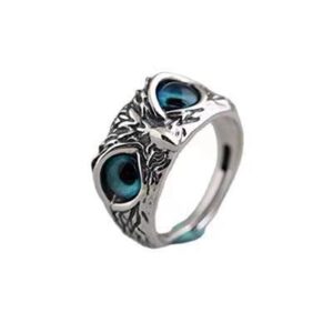 COLORFUL BLING 2pcs Gothic Demon Eye Owl Ring Set Adjustable Retro Open Antique Silver Crystal Band Rings for Women Men Animal Lucky Retro Jewelry