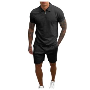 burband 2021 men short set 2 piece outfits muscle slim fit henley shirt and shorts pants sweatsuit summer tracksuits black by-20210609 large