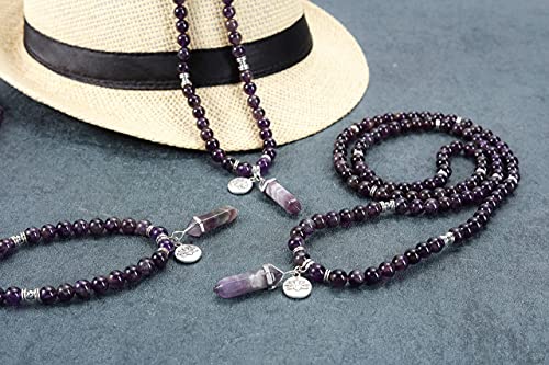 Jovivi 108 Mala Beads Bracelet 8mm Natural Amethyst Healing Crystal Stone Mala Prayer Bead Necklace Hexagonal Prism Gemstone Reiki Pointed Pendant for Yoga Meditation Energy Balancing