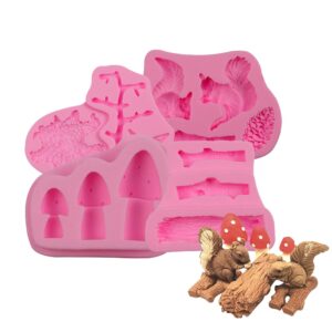 ZQWE 4pcs Forest Squirrel Stump Mushroom Pine Cone Cake Mold DIY Fondant Chocolate Bread Baking Pan Ice Cube Coffee 3D Molds, Pink