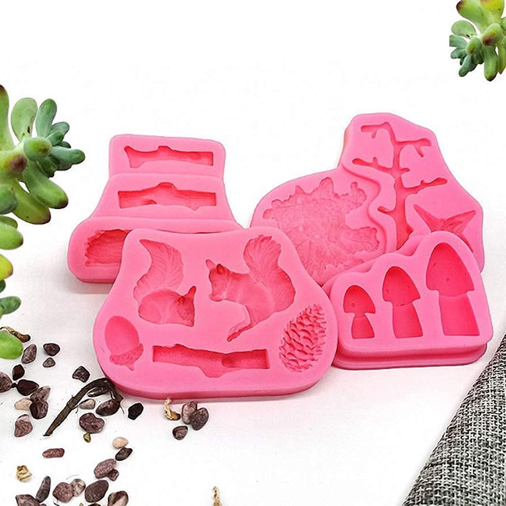 ZQWE 4pcs Forest Squirrel Stump Mushroom Pine Cone Cake Mold DIY Fondant Chocolate Bread Baking Pan Ice Cube Coffee 3D Molds, Pink