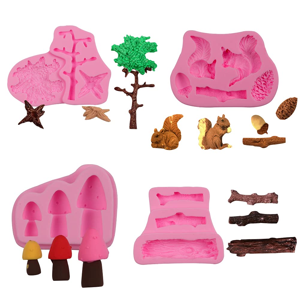 ZQWE 4pcs Forest Squirrel Stump Mushroom Pine Cone Cake Mold DIY Fondant Chocolate Bread Baking Pan Ice Cube Coffee 3D Molds, Pink