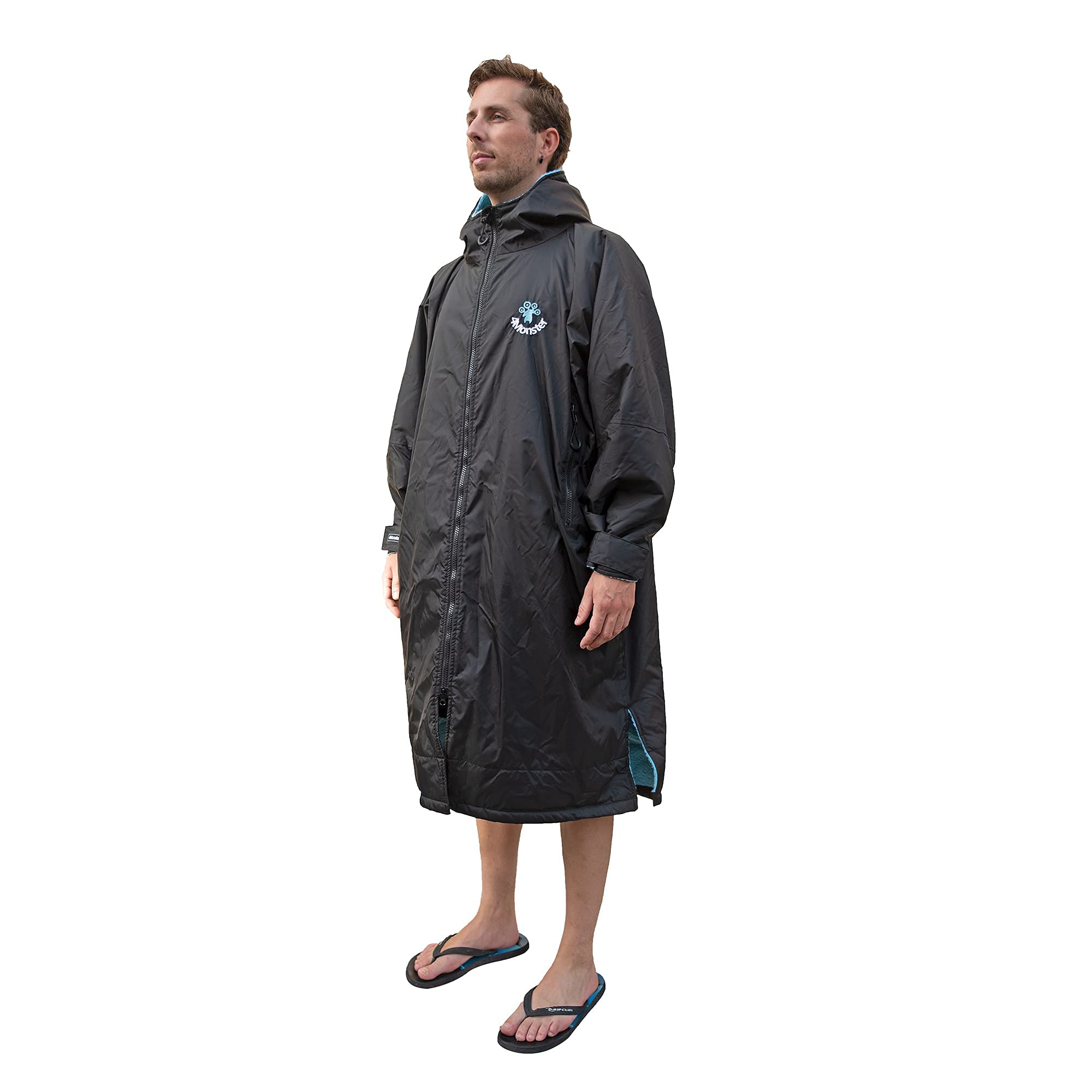 4MonsterSwim Parka with Hood,Quick-Dry Wetsuit Changing Robe Waterproof,Warm Coat Surf Poncho for Water Sport, Beach&Pool (Long Sleeve Black, X-Large)