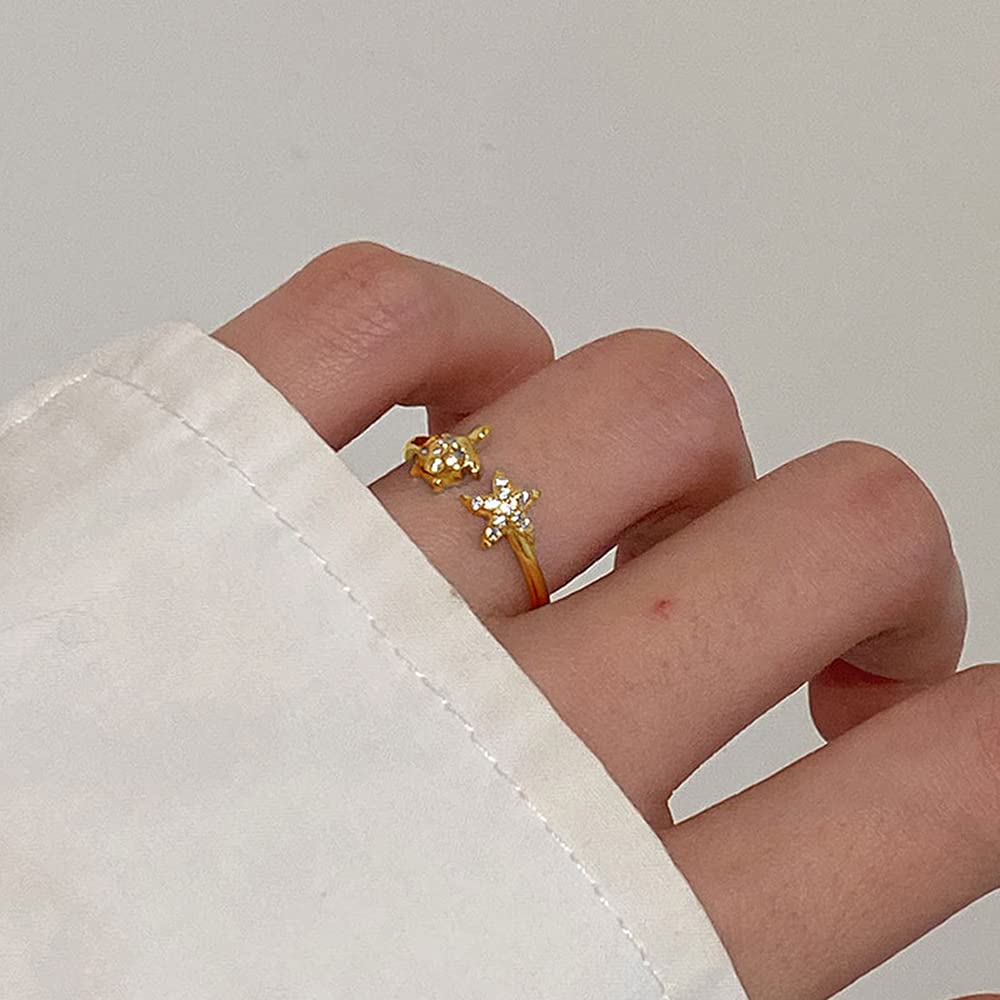 NewZenro CZ Star Cute Turtle Asymmetric Small Open Rings for Women Dainty 925 Sterling Silver Animals Adjustable Statement Knuckle Rings Thin Tiny Finger Pinky Rings for Daughter Bff Birthday (Gold)